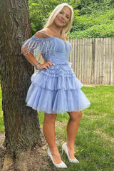 A Line Pink Glitter Tulle Homecoming Dress with Feather