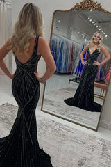 Black V Neck Mermaid Satin Long Prom Dresses With Beading