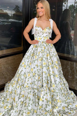 A-Line Spaghetti Straps Floral Printed Satin Long Prom Dresses