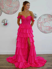 A Line Off-the-Shoulder Satin Tiered Long Prom Dresses With Beads