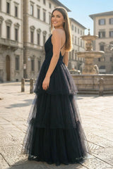 Black A-line Deep Spaghetti Straps Cross Back Tulle Multi-Layers Long Prom Dress