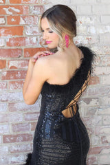Black One Shoulder Mermaid Sequins Prom Dress With Feather