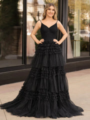 A-Line Deep Spaghetti Straps Tiered Long Glitter Tulle Prom Dress