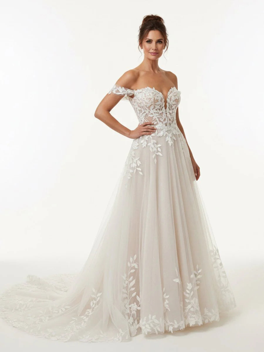 A-line Lace Beach Wedding Dress with Off Shoulder Tulle Appliques