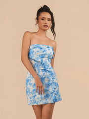 Blue - Sheath Strapless Floral Ruffles Short Homecoming Dresses
