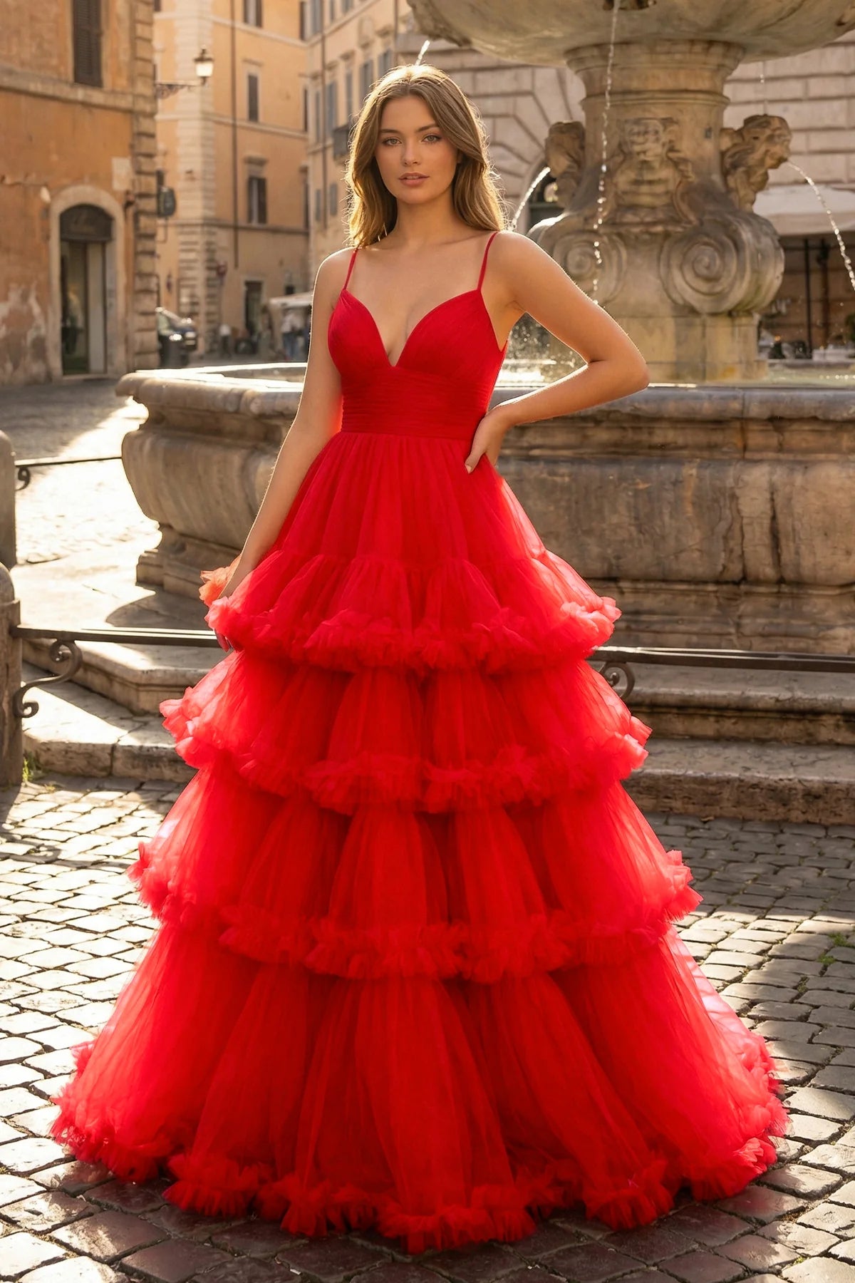 A-line V-Neck Tulle Prom Dress with Tiered Ruffles