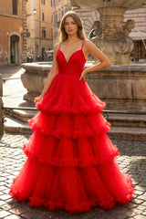 A-line V-Neck Tulle Prom Dress with Tiered Ruffles