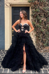 Black Sweetheart Bow Ruffle Long Prom Dress with Slit