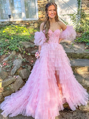 A Line Sweetheart Pink Tiered Tulle Prom Dress with Slit
