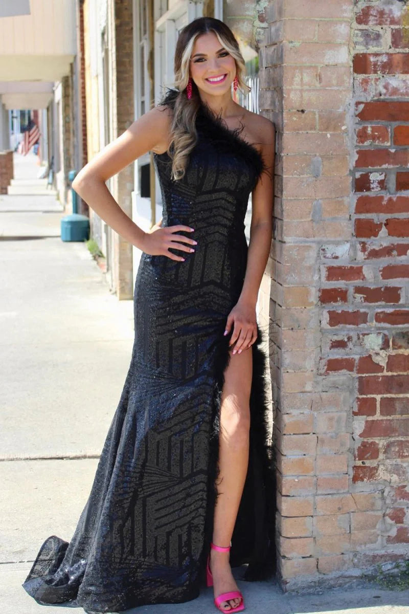 Black One Shoulder Mermaid Sequins Prom Dress With Feather