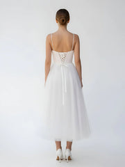 A-Line Spaghetti Straps White Satin Tulle Tea-Length Wedding Dresses