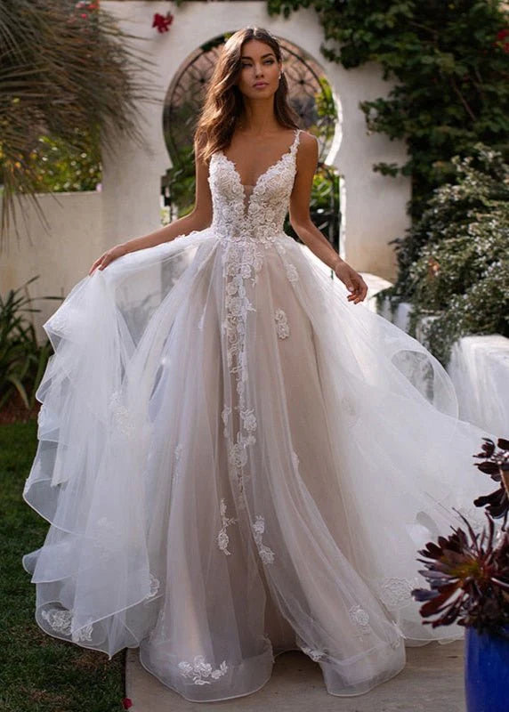 A-Line Lace White Sweep Train Sleeveless Backless Wedding Dress