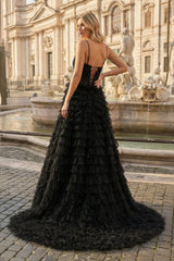 Black A-Line Tiered Sequins Tulle Long Prom Dress