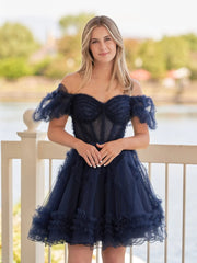 A Line Sweetheart Puff Sleeves Short Homecoming Dress With Ruffles