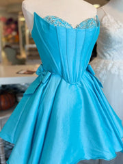 Blue - Strapless Satin A Line Short Homecoming Dress With Bow