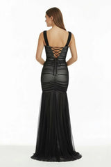 Black Sweetheart Mermaid Tulle Pleated Long Formal Prom Dresses