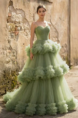 A-line Spaghetti Straps Pleated Tulle Prom Dress