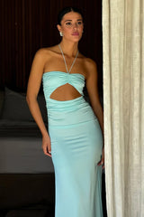Aqua - Halter Sheath Satin Pleated Long Prom Dresses With Cutout