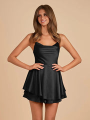 Black - A Line Cowl Neck Satin Short Homecoming Dresses