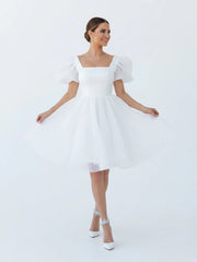 A-Line Square-Neck Short Wedding Dress With Puffy Pearls Sleeves