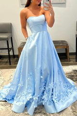 3D Flower Sky Blue Strapless A-Line Prom Dress