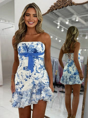 Blue - Sheath Floral Satin Strapless Ruffles Homecoming Dresses with Bow