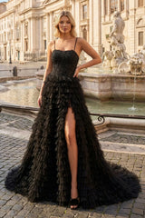 Black A-Line Tiered Sequins Tulle Long Prom Dress