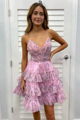 A-Line V Neck Tiered Pinted Homecoming Dress