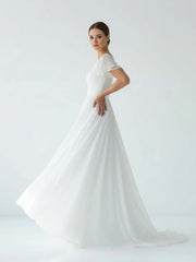 A Line V-neck Chiffon Floor-length Brush Train Short Sleeve Wedding Dress with Ruffles