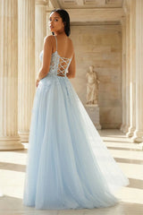 A-Line Tulle Blue Long Corset Spaghetti Straps Prom Dress with Appliques