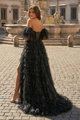 A line Off-the-Shoulder Glitter Tulle Prom Dress with Slit