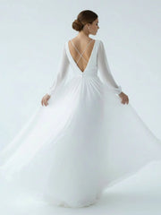 A-Line Illusion Neck Long Sleeves Sweep Train Organza Wedding Dresses