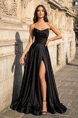 A Line Black Strapless Satin Prom Dresses With Slit