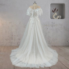 A-Line Lace Button Covered Back Tulle Wedding Dress