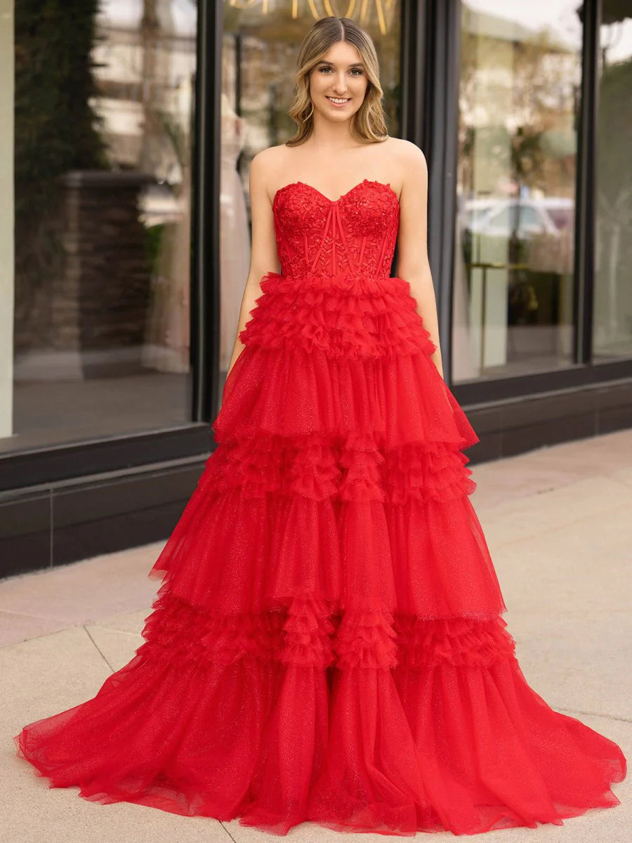 A-Line Sweetheart Tiered Long Tulle Prom Dress