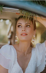 A Line V-neck Lace Floor-length Short Sleeve Wedding Dress with Ruffles