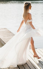 A-Line Lace White Lace-Up Off-the-Shoulder Wedding Dress with Slit