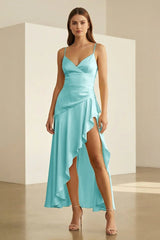 Aqua - Spaghetti Straps Sheath Satin High Low Prom Dresses With Ruffles