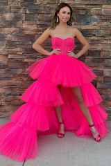 A-Line Asymmetrical Strapless Tiered Tulle Prom Dress