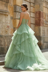 Ball Gown Sweetheart Sage Green Tulle Long Prom Dresses with Appliques