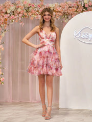 A-Line V Neck Tiered Pinted Homecoming Dress