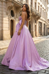 A-Line Sweetheart Lilac Beaded Long Prom Dresses With Bow