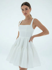 A-Line Boat-Neck Mini-Length Sleeveless Satin Pleats Wedding Dress
