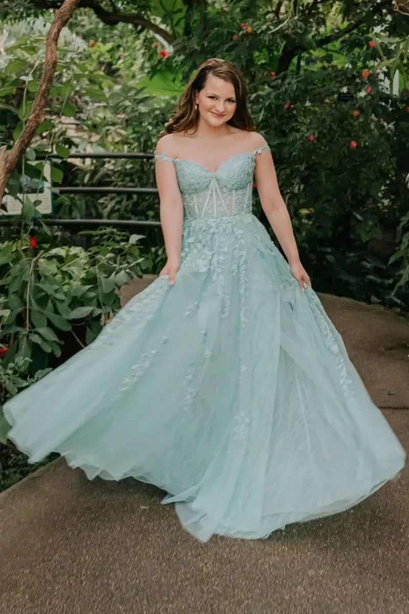 A-line Sweetheart Lace Tulle Prom Dress with Slit
