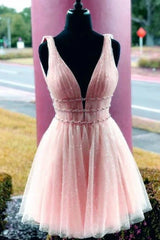 A Line Tulle V Neck Homecoming Dress With Beading