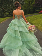 Ball Gown Sweetheart Sage Green Tulle Long Prom Dresses with Appliques