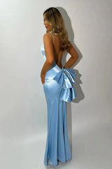 Blue - Mermaid Spaghetti Straps Satin Long Prom Dresses with Bowknot