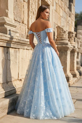 A Line Off the Shoulder Satin Lace Prom Dress