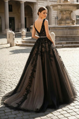 A Line Black V Neck Lace Long Prom Dress