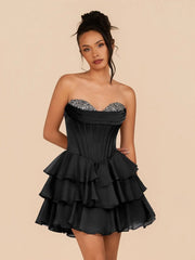 Black – Strapless A-Line Homecoming Dress with Ruffles and Beading